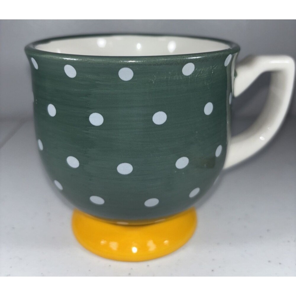 The Pioneer Woman Flea Market Green Polka Dot Mug Yellow Foot GUC